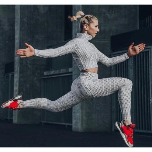 Womens Tracksuit Yoga Set 2Pcs Long Sleeves Tops Leggings Buttock Yoga Pants Sports Suit Workout Gym Clothes Running Sportwear