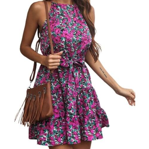 New Pastoral Style Summer Dress Sleeveless High Waist Female Women Halter Floral Print Short Length Dress for Going Out