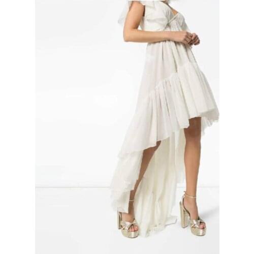 High Low Chiffon Dress Ivory V Neck Ruffled Women Prom Gowns Party Dresses Cheap Custom Made