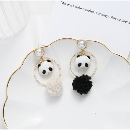 2021 black collection cute fur ball earrings cartoon panda bow long autumn and winter earrings February 14 gift