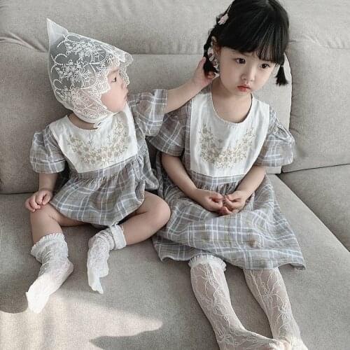 2021 Baby Girls Sister Matching Outfits Kids Clothes Set Newborn Plaid Romper Toddler Cotton Linen Dress Kids Embroidery Outfits