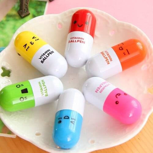 6 pcs/lot Novelty Stationery Cute Smiling Face Pill Ballpoint Pen lovely Telescopic Vitamin Capsule Ball pens school child gift