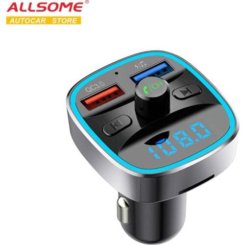 ALLSOME Bluetooth Quick Charge Car Charger for Smartphone Mobile Phone Handsfree FM Transmitter Car Kit MP3 Player Dual USB