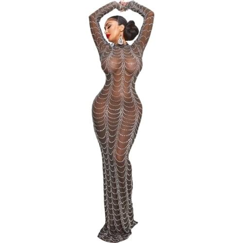 Sparkly Silver Rhinestones Mesh Transparent Black Long Dress Women Evening Celebrate Birthday Dress Nightclub Outfit Stage Wear