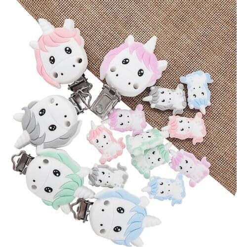 Chenkai 10PCS BPA Free DIY Silicone Unicorn Teether Clip Baby Animal Pacifier Dummy Nursing Soother Sensory Toy Gift Accessories