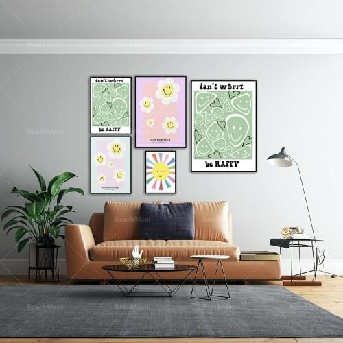 Happy Hippie Printable Flower 60s 70s Hippie Happy Flower Art Mid-century Modern | Pastel Nursery Art Print Retro
