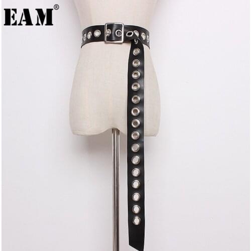 [EAM] 2021 New Spring Summer Black Simple Metal Eye Round All-match Adjustable Waist Extra Long Belt Women Fashion Tide LC122