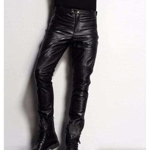 Italy 2020 New Men Motor Biker Skinny Pants Luxury Genuine Leather Slim Fit Motorcycle Male Trousers Black Rock Pantalon Hombre