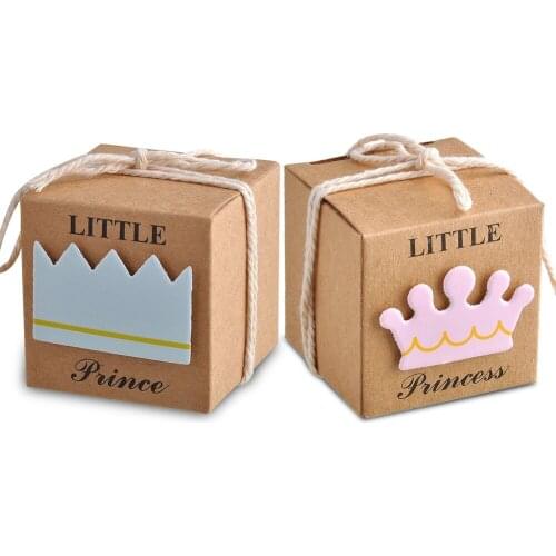 Blue Pink Candy Box Kraft Paper Little Prince Little Princess Crown Gift Boxes Baby Shower Gifts Bag for Girl Boy Birthday Party