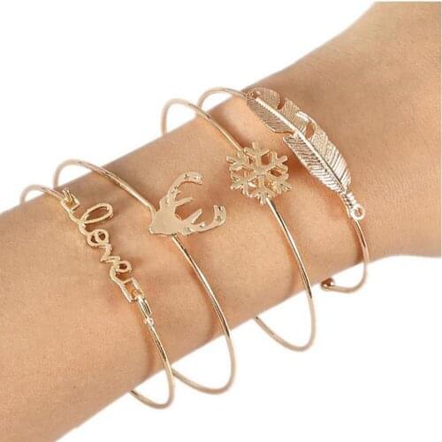 Hot Sale Multi-layer Bangle Four-piece Set Fashion Simple Adjustable Bracelet Deer Head Women Girls Gold Feather