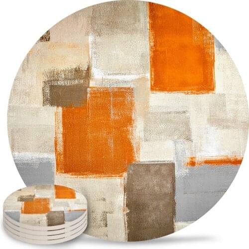 Oil Painting Abstract Geometric Orange Coasters Coffee Table Kitchen Accessories Ceramic Coaster Dinning Table Decor Placemats