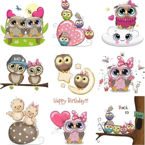 Cartoon Animal Patch Iron on Transfer Cute Owl Patches for Kids Clothing DIY T-shirt Applique Heat Transfer Vinyl Stickers Press