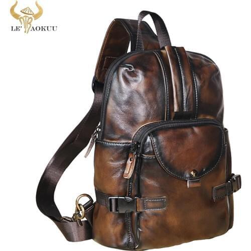 Men Real Cow Leather Casual Fashion Coffee Triangle Cross-body Chest Sling Bag Design Travel One Shoulder Bag Daypack Male 3028