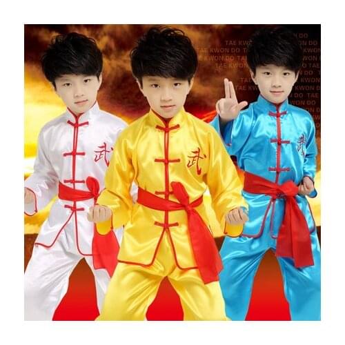 2018 3Colors New Kids Long Sleeve Stand-collar Chinese Kung Fu Uniform Festival Performance Wear Suits for Men Top + Pant + Belt