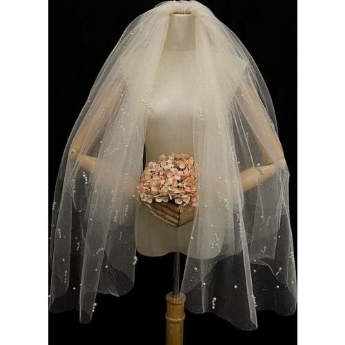 New Arrive 85cm Cut Edge Comb White Long Bridal Veils One Layer Lace Beaded Pearls Wedding Veils tocados para el pelo