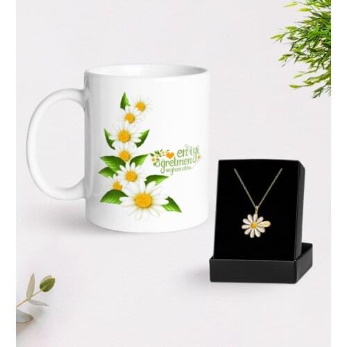 Personalized Daisy Themed Best Teacher Mug And Daisy Necklace Gift Seti-8