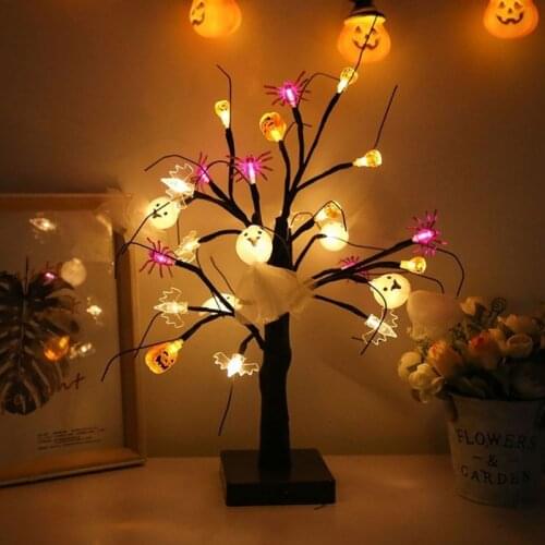 24 LEDs Tree Lamp Halloween Ghost Festival Pumpkin Spider Birch haunted House Decoration USB/Battery Operated LED Night Light