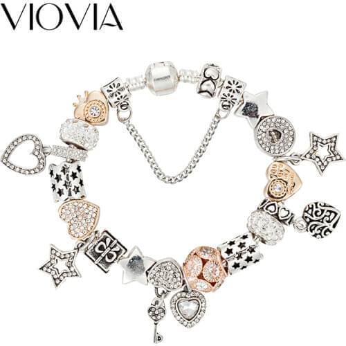 VIOVIA 2019 Silver Color Charm Bangle Fit Pan Original With Star Heart Beads For Women Party Gifts Valentines Day Gifts B17006