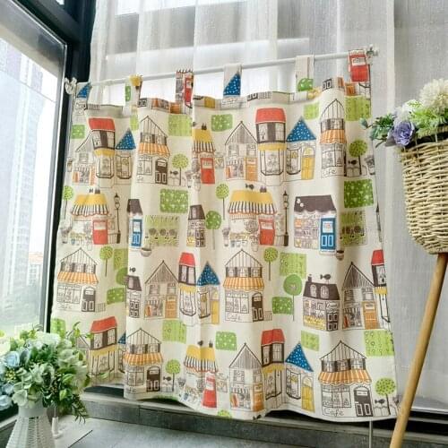 Tab Top Colorful Cartoon Houses Short Curtains Door Window Sling Half Curtain Partition kitchen Kids Roman Valance #VT