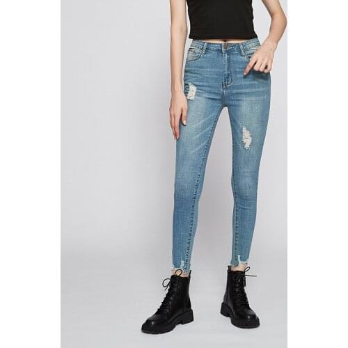 Women Clothing Sexy Skinny Stretch Ripped Holes Slim Jeans Pencil Trousers 2021 Fall blue Fashion Mid-Waist Vintage Streetwear