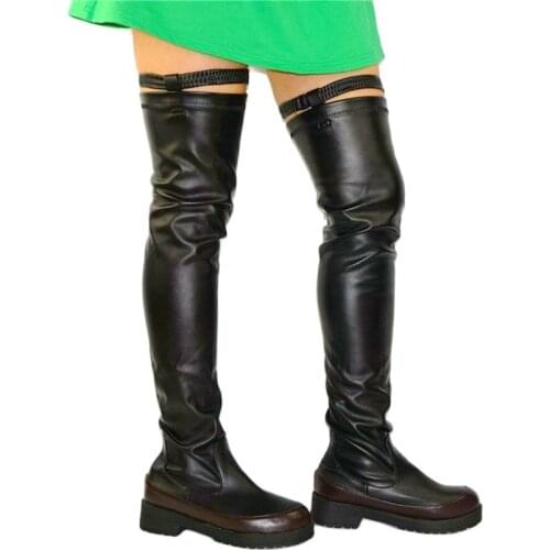 Thigh High Boots Women Strappy Over the Knee Booties Round Toe Pull On Flat Heel Punk Goth Oxfords Casual Shoes EUR 35-43