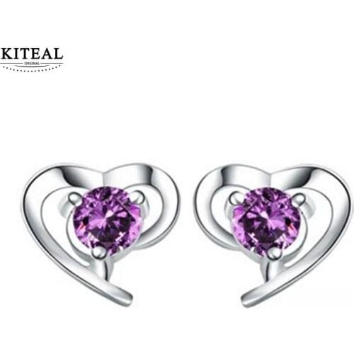KITEAL New Fashion Plated Silver Love Heart purple/white cz zircon Stud Earrings for Women Anniversary Jewelry