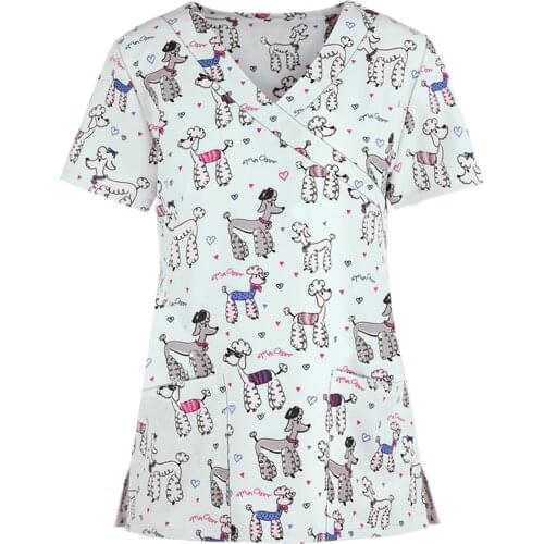 Women Short Sleeve Tops V-neck Working Uniform Cartoon Print Pocket A-line Tshirt Women Camiseta Mujer Verano #P3