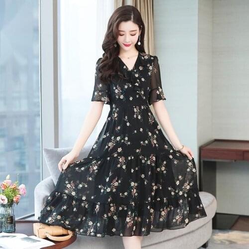 Summer Black Vintage Floral Chiffon Midi Sundress 2021 Elegant Women Plus Size Boho Dress Party Short Sleeve Runway Vestidos 5XL
