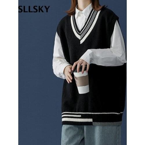 SLLSKY College Style Patchwork Women Vest Autumn New Knitted Female Pullovers V-Neck Sleeveless Loose All-match Sweater Vest