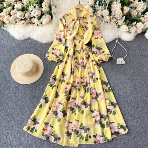 SINGREINY Women Retro Print Maxi Dress Korean Style Bow Collar Puff Sleeve A-line Dresses Autumn Bohemain Streetwear Long Dress