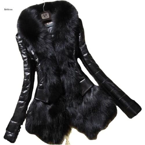 Women Pu Leather Coat Casual Long Sleeve Faux Fox Fur Collar Winter Jacket Coat Plus Size 5Xl