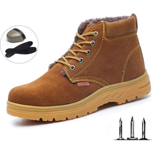 Winter Mens Anti-mite Stab Labor Insurance Shoes Mens Leather Cotton Light Safety Work Shoes Outdoor Training Shoes Warm Boots