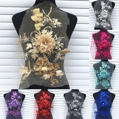 1PC Embroidered 3D Flower Net Lace Sequins Rice Ears Flower Floral Patches Sew-on Appliques For Wedding Dress Decor DIY Material