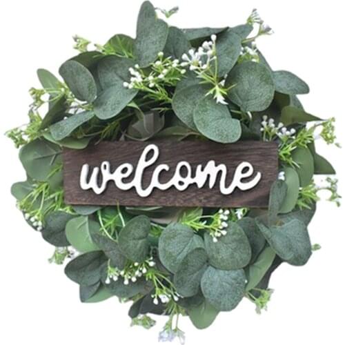 12in Welcone Sign Wreath Green Eucalyptus for Home Door Hanging Decorations