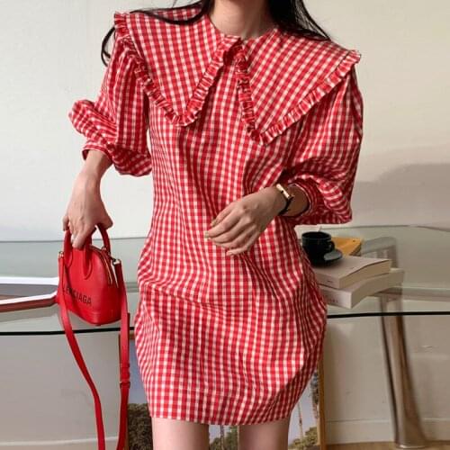 2021 Doll Collar Loose Puff Sleeve Plaid Loose Women Dress