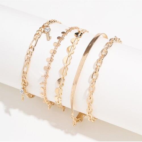 5 pcs Vintage Bohemian Gold Color Chain Anklets Women Girls Key Heart Butterfly Leg Ankle Anklet Bracelet Beach Jewelry