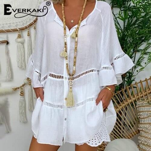 Everkaki Solid Loose Blouses Women Hollow Out Shirts Summer Beach Vacation Cotton Linen Plus Size Boho Tops Blouse Female 2021