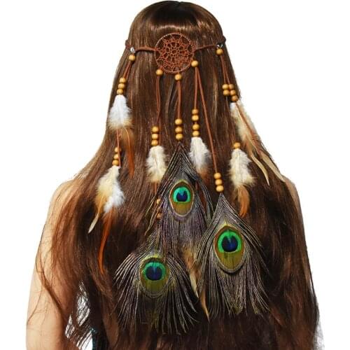 Bohemia Hippie Headband Dream Catcher Headdress Fashion Indian African Beaded Peacock Feather Headbands Hair Accessories jewelry