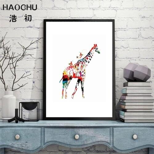 HAOCHU Nordic Mural Abstract Colorful Rainbow Giraffe Animal Wall Artwork Hand Painted Oil Painting for Living Room Poster