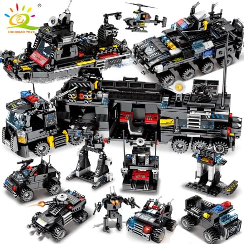 HUIQIBAO Toys 695PCS 8in1 Military command Truck SWAT Building Blocks For Children Police Helicopter Boat Truck Bricks
