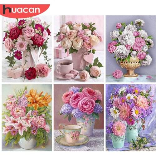 HUACAN Full Square 5d Diamond Painting Rose Mosaic Vase Handmade Gift DIY Diamond Embroidery Flower Home Decor Craft Kit