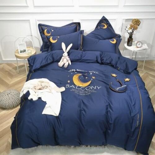 Blue egyptian cotton Bedding Sets Soft duvet Cover embroidery moon Bed Set children bedlinen pillowcase King size Queen size 4pc
