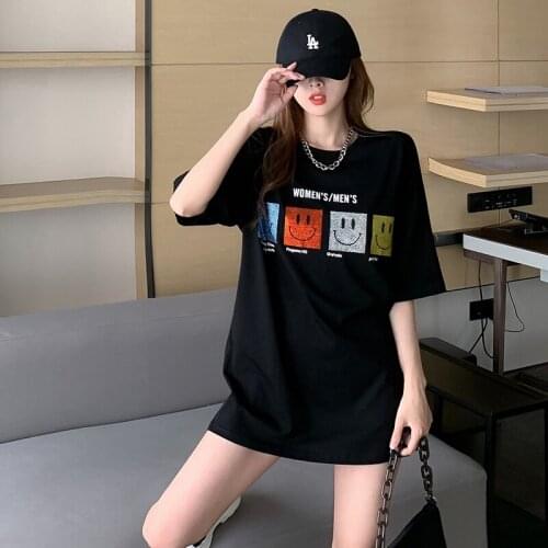 Summer new style diamond-encrusted smiley face loose short-sleeved T-shirt female wild thin casual round neck top T-shirt