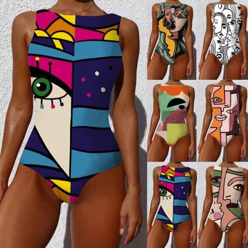 New Women Swimsuit Sexy Bathing Suit Graffiti Abstract Print Wide Straps High Neck Backless Swimwear One Piece Bodysuit Monokini