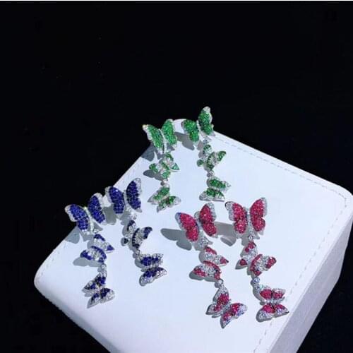 HipHop Punk Crystal Three Butterfly Drop Earring Blue Green Zircon Dangle Fashion Women Jewelry Lady Party 2021