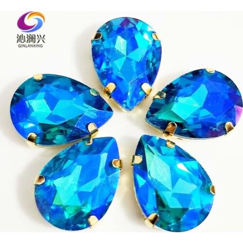 Super beauty Golden bottom Lake blue AB color DR shape High quality Glass Crystal sew on rhinestones,Diy/Clothing accessories