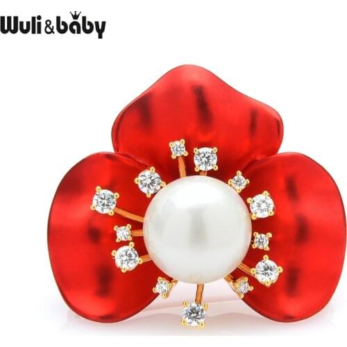 Wuli&baby Red Soft Enamel Big Pearl Flower Brooch Pins Zircon Flower Women Luxury Party Jewelry Gift 2021