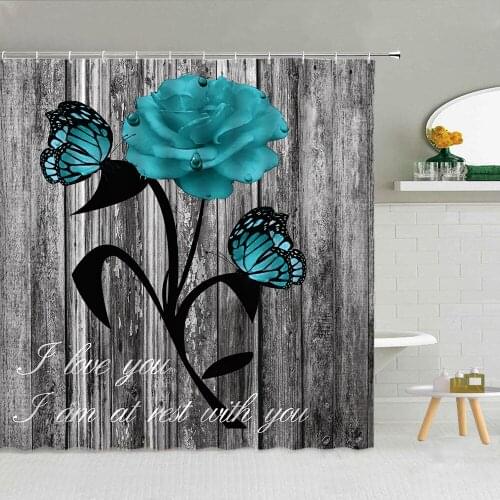 Blue Dream Rose Butterfly Shower Curtain Wood Board Background Raindrop Bubble Bathroom Supplies Cloth Curtains Decor Washable