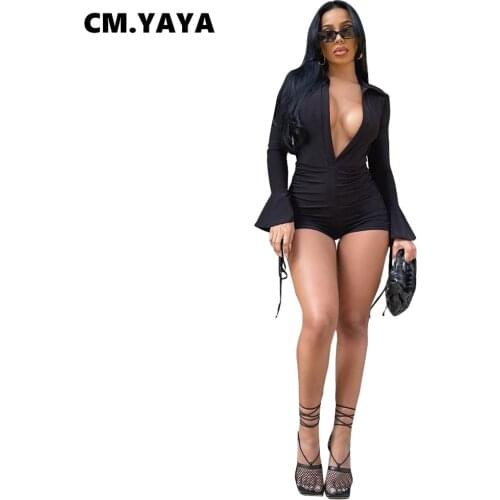 CM.YAYA Women Playsuit Solid Full Flare Sleeve V-neck Draw String Shirring Stretchy Bodycon Mini Palysuits Fashion Romper Summer