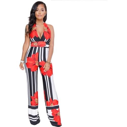 Ladies Striped Floral Print Halter Wide-Leg Jumpsuit
